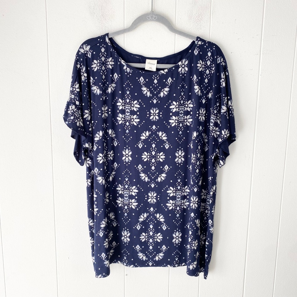 NWT Soma Floral Del Rio Flutter Sleeve Top Navy Blue White Size XXL 2X Soft Cozy